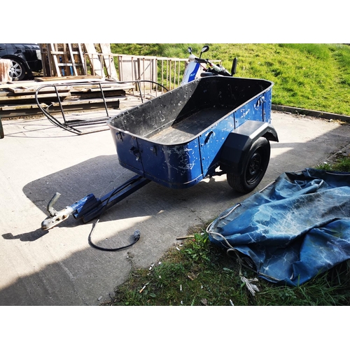 5 - Full bodied blue metal trailer 4.6ftx3ft approx with tow hitch, jockey wheel, waterproof cover, good... 