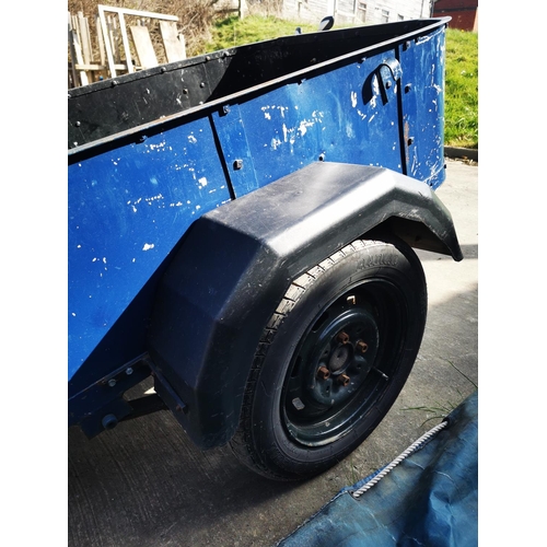 5 - Full bodied blue metal trailer 4.6ftx3ft approx with tow hitch, jockey wheel, waterproof cover, good... 