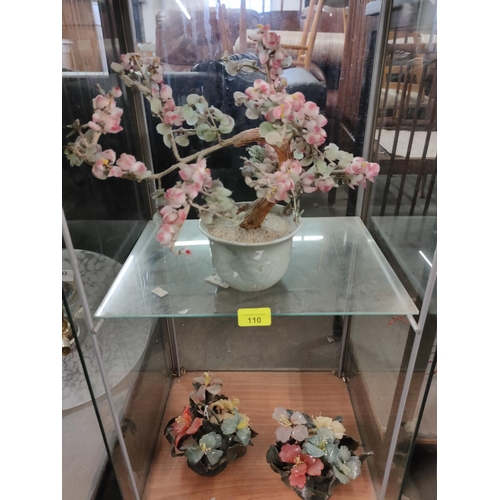 110 - CHERRY BLOSSOM BONSAI TREE AND PAIR OF GLASS PETAL BEAUTIFUL POTTED DECORATIVE FLOWERS