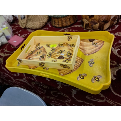 44 - 2 honey bee LARGE YELLOW WOODEN TRAYS AS NEW