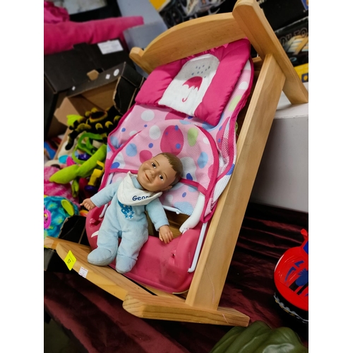 57 - childs wooden cot with feeding chair and baby IMMACULATE