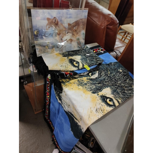 473 - Holographic picture of Wolves and two floor coverings/ rugs depicting Wolves, approx 90x130cm