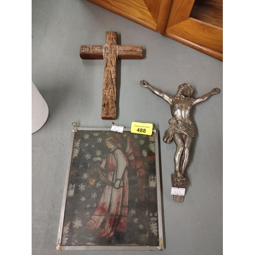 488 - Collection of Religious wall hangings including wooden cross, Jesus and Angel