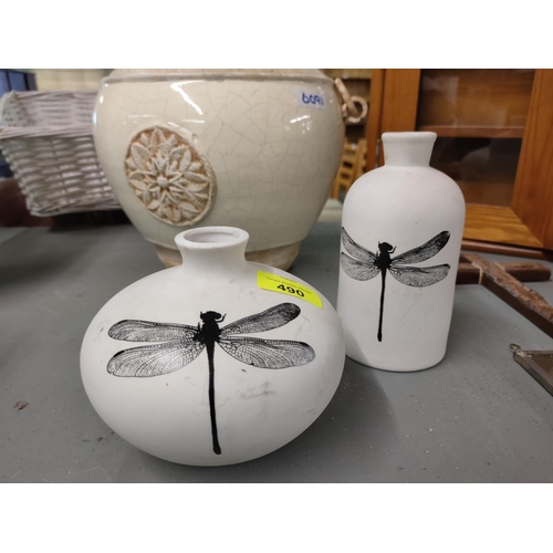 490 - Pair of ceramic dragon fly vases