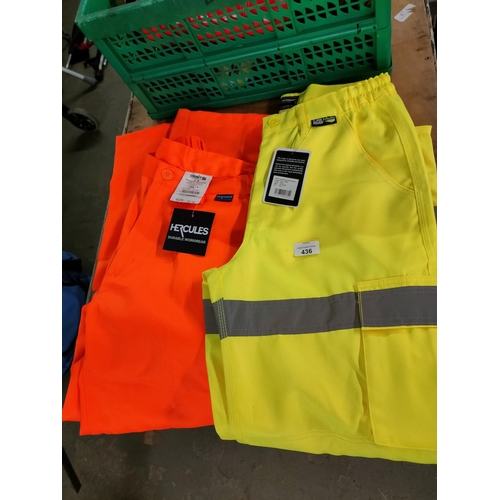 436 - TWO PAIRS OF WORK TROUSERS  ORANGE /  GREEN 32 