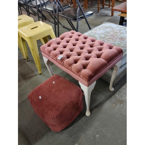 Padded deep button dressing table stool and smaller foot stool