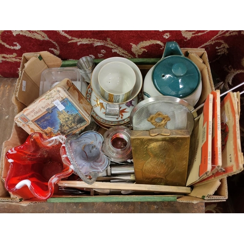 725 - Collection of items including red glass vase, vintage tin and vintage ordinance surveys