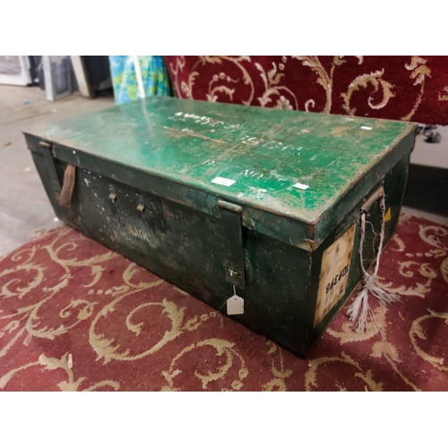 730 - Large vintage green metal storage chest. Approximately 90 x 48 x 30 cm