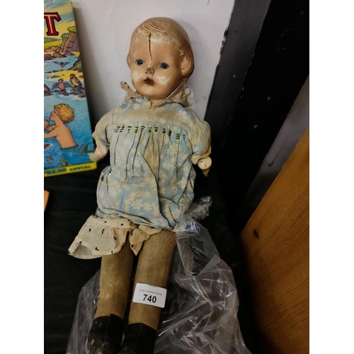 740 - Antique papier-mâché doll. In need of some attention