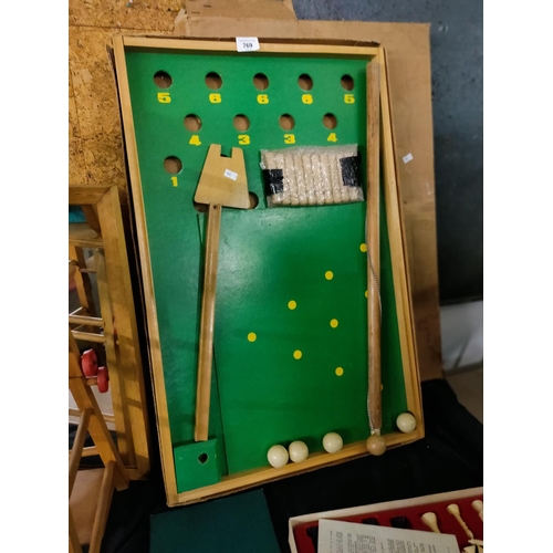 769 - Vintage tabletop skittles and bagatelle board with box