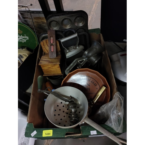 1444 - Collection of items including cake tins, flan dish and other kitchen items