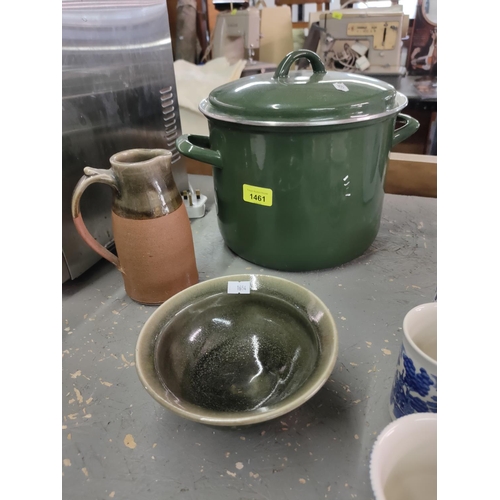 1461 - Glazed bowl and jug and metal two handled lidded pot