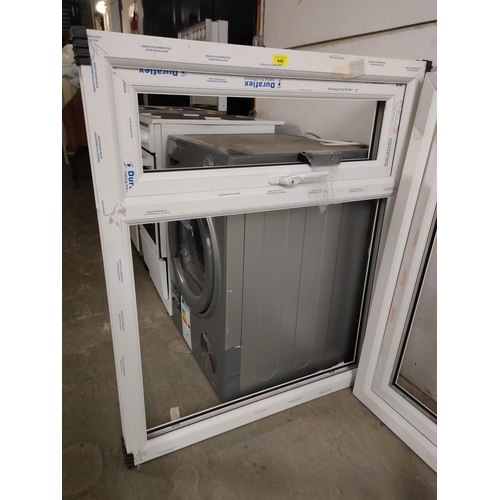 449 - BRAND NEW White UPVC WINDOW with top sash opening. No glass
Approx size 915 x 1090