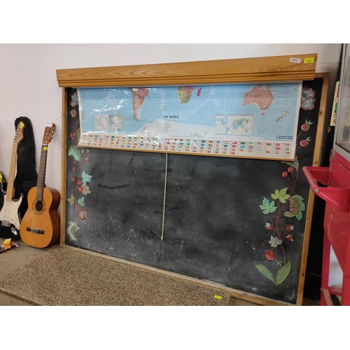 472 - Very large wooden framed school chalkboard with pull down map. Approximately 157 x 129 cm