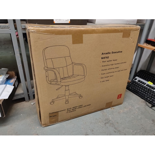 518 - Arcadia executive NI0762 leather faced executive high backed armchair desk chair. As new in box