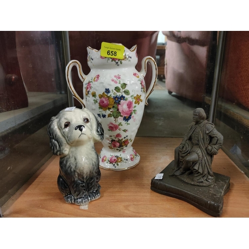 658 - Fenton China company China vase, hand painted dog figure and hand cast slate sculpture