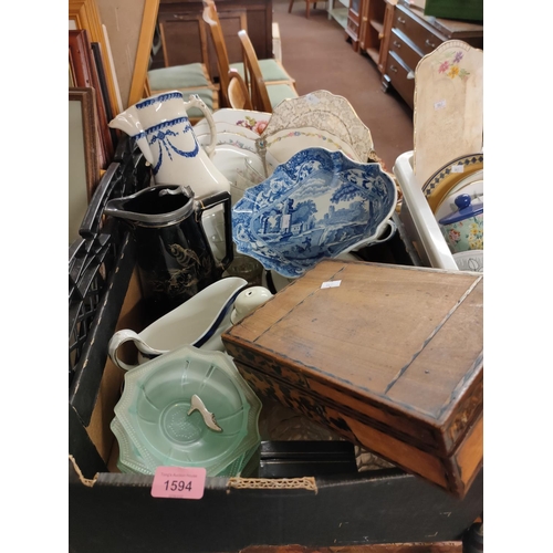 1594 - Collection of items including wooden box, Empire crown pottery jug and Spode dish