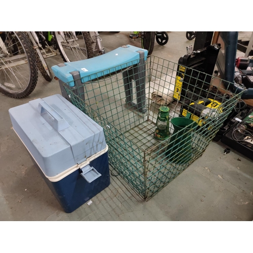 349 - PLASTIC SEAT /KNEELER COOL BOX  AND A MESH ITEM METAL JUG AND LANTERN