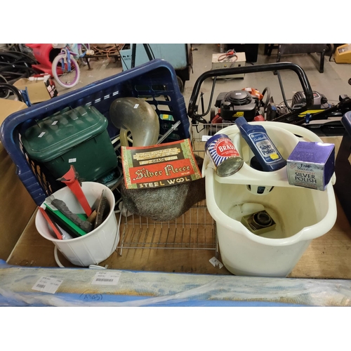 367 - MIXED LOT  STEEL WOOL  SCRAPERS SEED THROWER MOP BUCKET