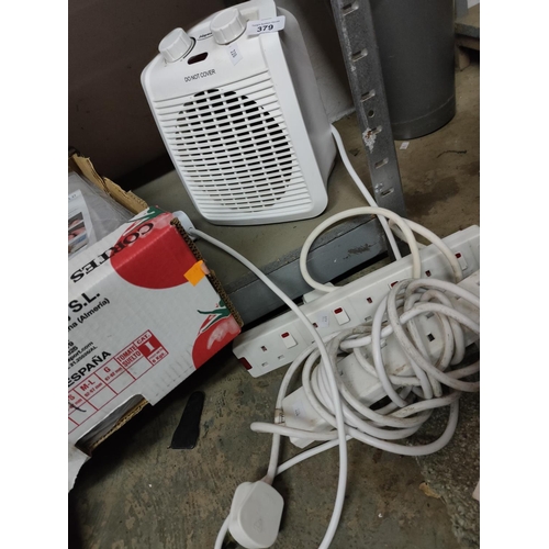 379 - ELECTRIC FAN HEATER ALSO TWO EXTENTION MULTI WAY PLUG SOCKETS