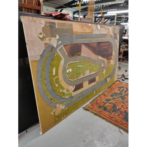 1094 - Large scratch built toy car/train track board. Approximately 214×124 cm