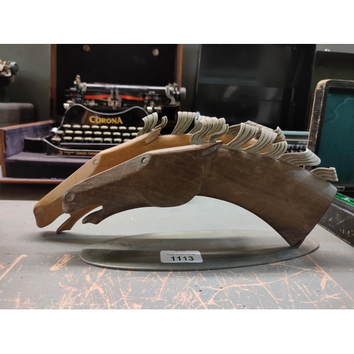 1113 - Decorative wood and metal horse desk letter holder. In beautiful condition