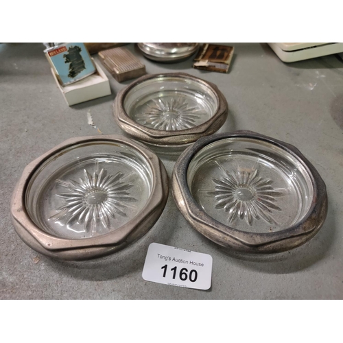 1160 - Three glass pin dishes with silver plated rims