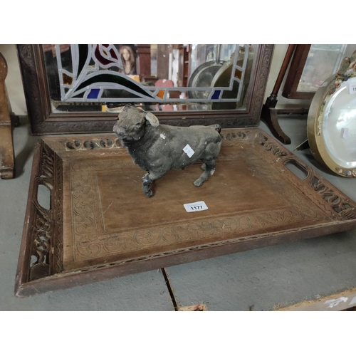 1177 - A wooden tray and a model of a bull