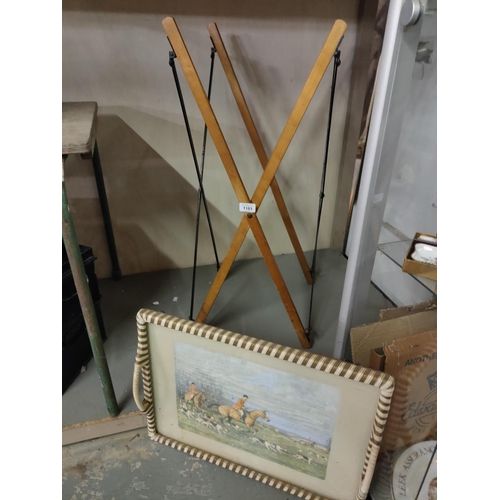 1183 - Vintage folding trestle table legs, and a decorative hunting scene tray