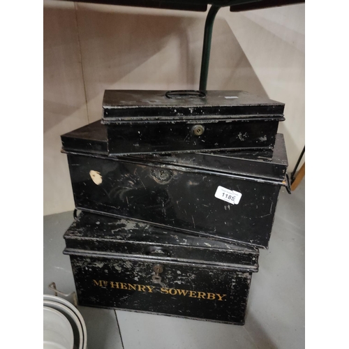 1185 - Three black metal document boxes, one with key