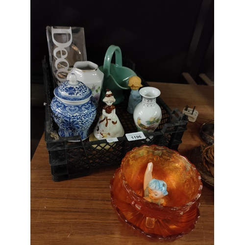 1196 - A small collection of ceramic and glass items including carnival glass and a ginger jar