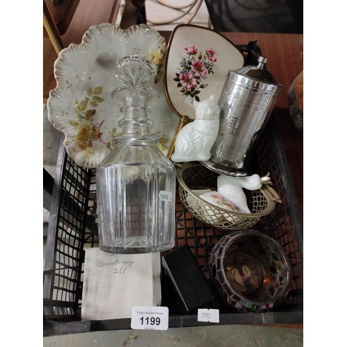 1199 - A small collection of mixed items including a glass decanter and a hand mirror