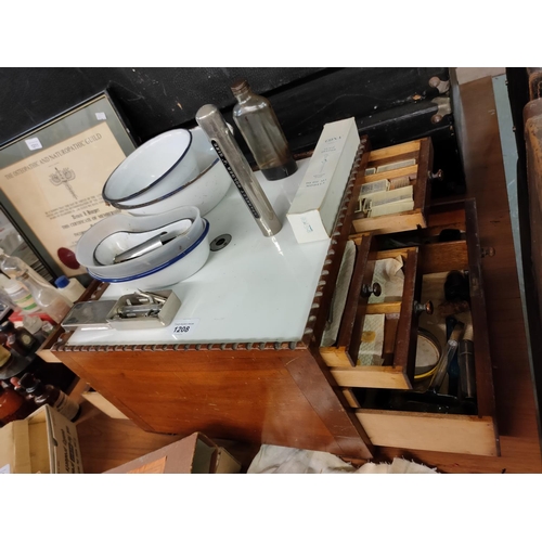 1208 - A stunning double sided vintage small set of wooden drawers with medical instruments and apothecary ... 