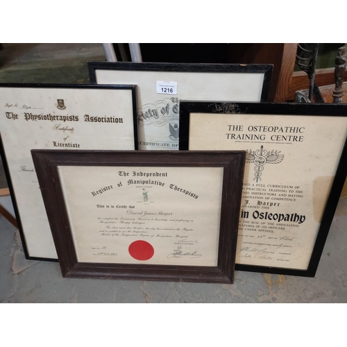 1216 - Four framed medical certificates