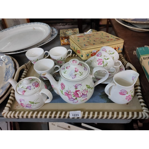 1223 - A pretty fine bone chine tea set by Sherfield and a vintage tray