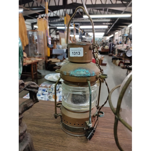 1313 - A large vintage copper and glass lamp. Converted to electric