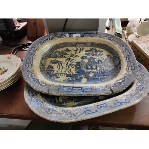 1326 - Two very large Willow Pattern blue and white meat plates