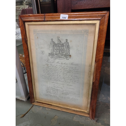 1364 - Antique framed medical certification 1837