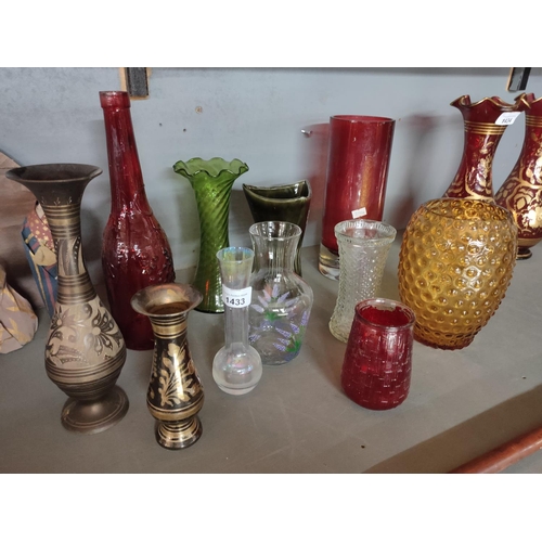 1433 - Large collection of glassware and vases including red bottle and hand painted carafe