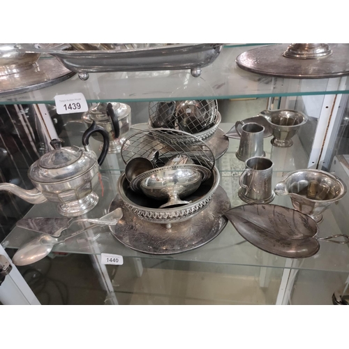 1440 - Collection of silverplate items including teapot, rose bowl and leaf plate