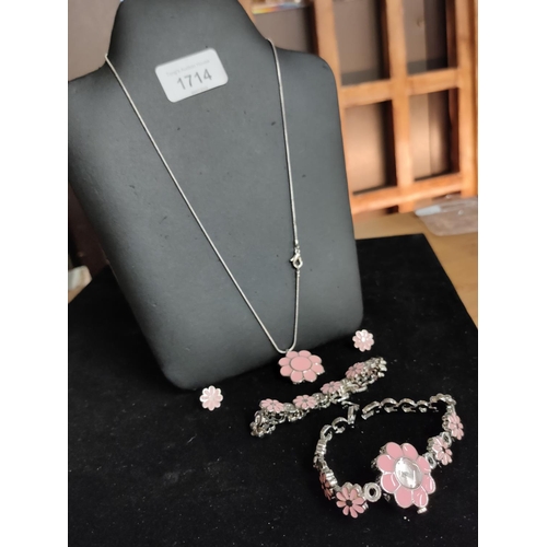 1714 - Beautiful silver colour with pink coloured set watch bracelet watch and necklace bracelet and stud e... 