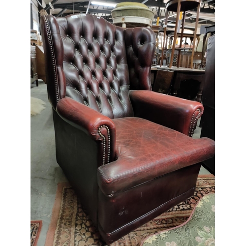 1798 - Chesterfield Queen Anne ox blood leather winged back chair in good condition