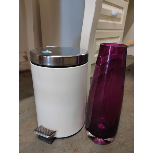 2031 - White and chrome bathroom bin and purple glass vase