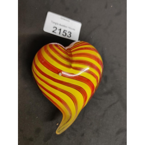 2153 - Colourful striped heart shaped glass paperweight