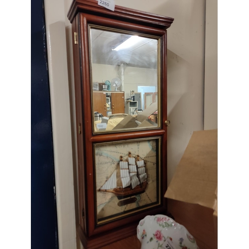 2260 - Beautiful wall hanging jewellery box with mirror and Mayflower ship model to the front of door