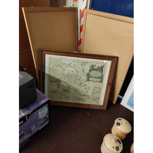 2371 - Two large frames one with and one without glass and a map in a wooden frame with glass