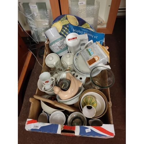 2384 - Large box of mixed items including bowls, cups, storage containers, vases and decorative teapot