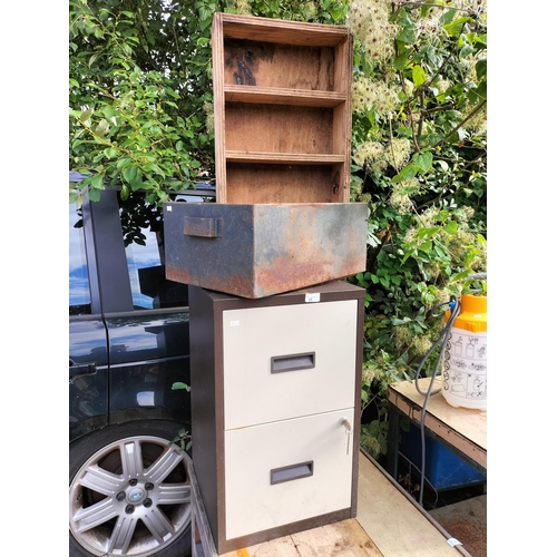 15 - 2 drawer metal filling cabinet with keys,  and large metal vintage heavy industrial tray