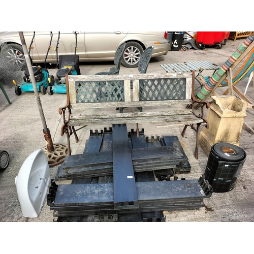 7 - Job lot Metal and Wooden outdoor garden bench for restoration, chimney, cast iron parasol base, larg... 