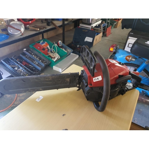 258 - Red petrol chainsaw good working order 14 inch to 16 inch blade